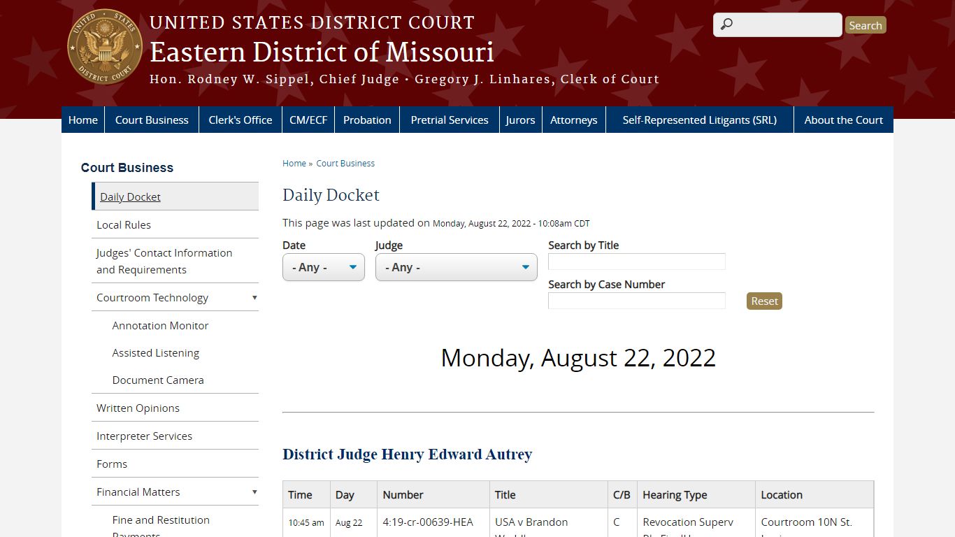 Daily Docket | Eastern District of Missouri | United States District Court